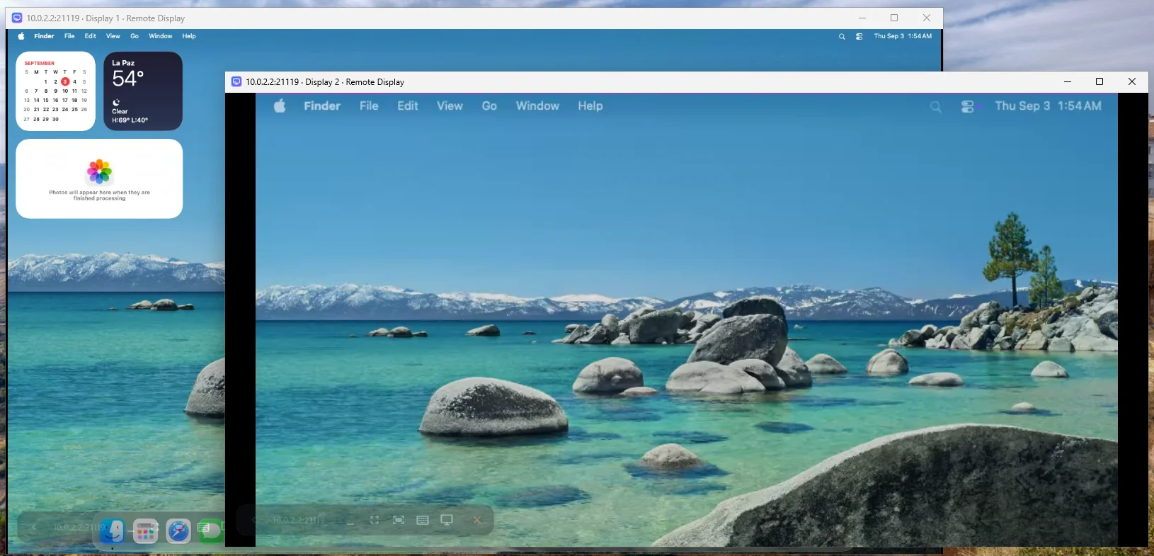 Two Remote Display windows on Windows 11, each showing one monitor of the same Mac